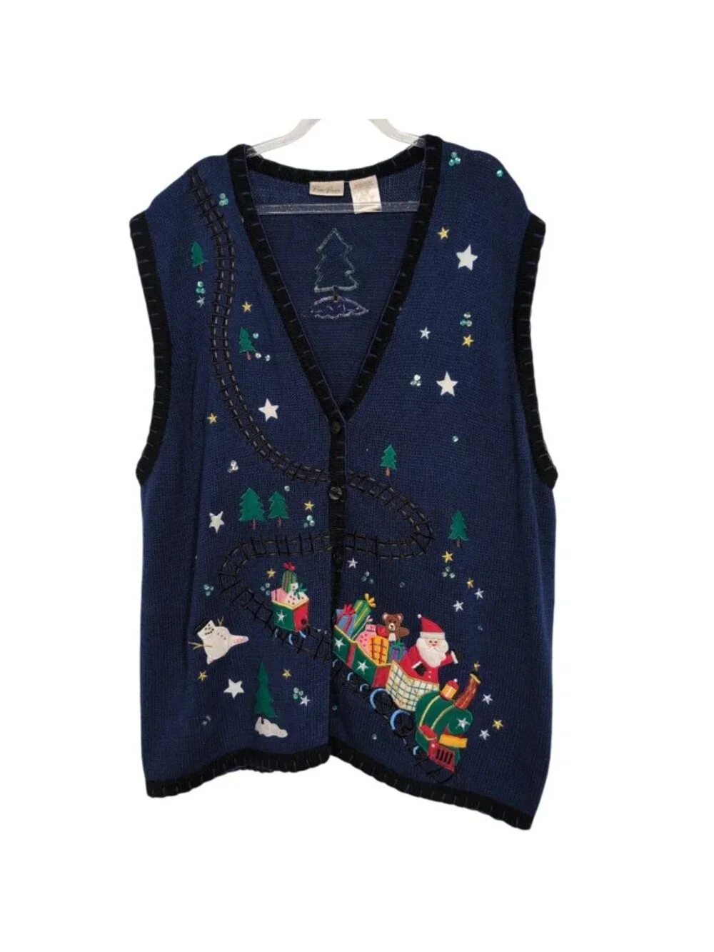 Vintage Santa Train Sweater Vest Womens Size 26/28W Blue Ugly Christmas Holiday